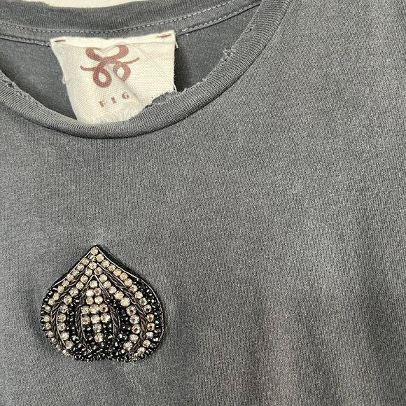 Figue Gray boho Embellished distressed Tee XS Cotton Womens Casual T-Shirt - Picture 9 of 12